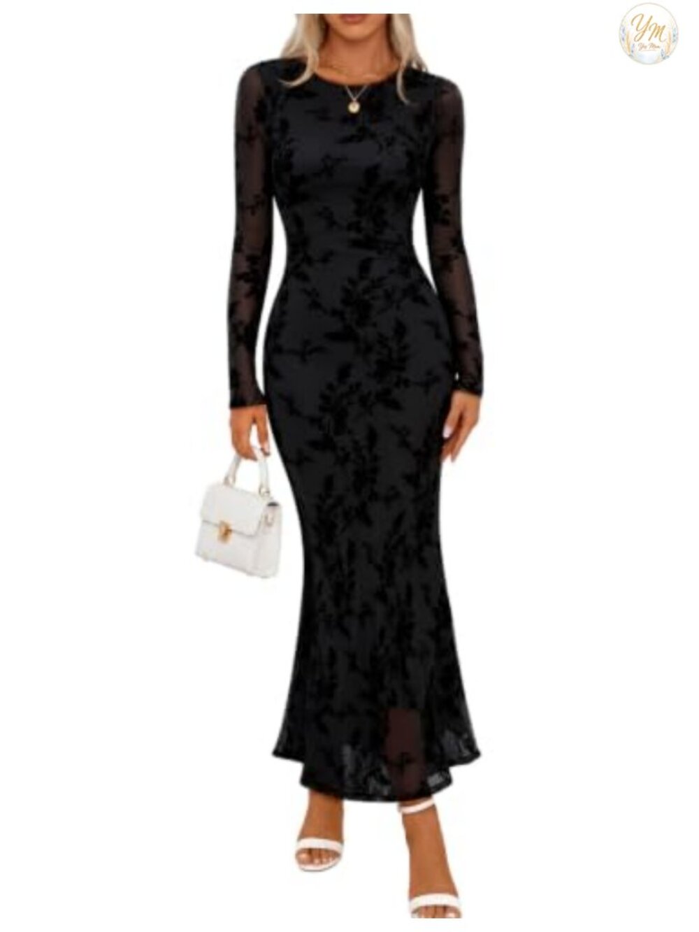 Womens Velvet Floral Maxi Dress Long Sleeve Bodycon Wedding Guest Cocktail